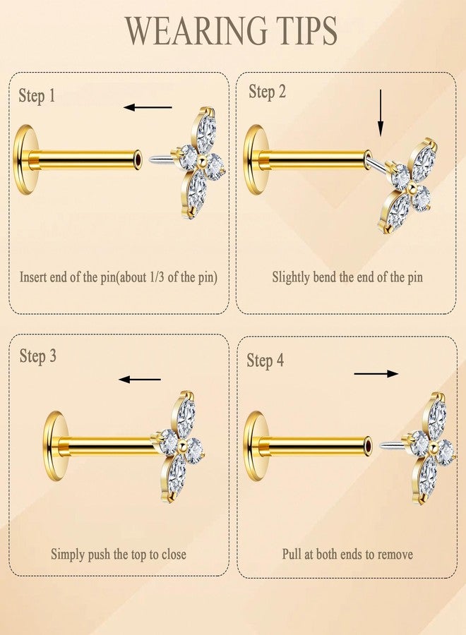 NICEIGHT 2Pcs 16G/18G Titanium Threadless Cartilage Earrings - Flat Back Push in Helix, Tragus, Labret, Monroe Studs - Hypoallergenic Flower Conch Lobe Stud Piercing Jewelry 6/8MM 16G Gold - Image 4